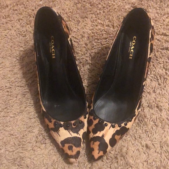 Coach leopard print cowhide calf fur leather heels pointed toes size 6.5 - Picture 1 of 4
